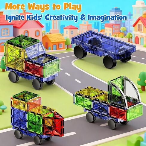 مجموعة بلاط مغناطيسي 2 في 1 للانحدار والطرق - 40 قطعة من مكعبات البناء المغناطيسية مع السيارة، ألعاب مونتيسوري لمرحلة ما قبل المدرسة للأولاد والبنات بعمر 3 سنوات فما فوق، ألعاب حسية مثالية للأطفال الصغار in Kuwait