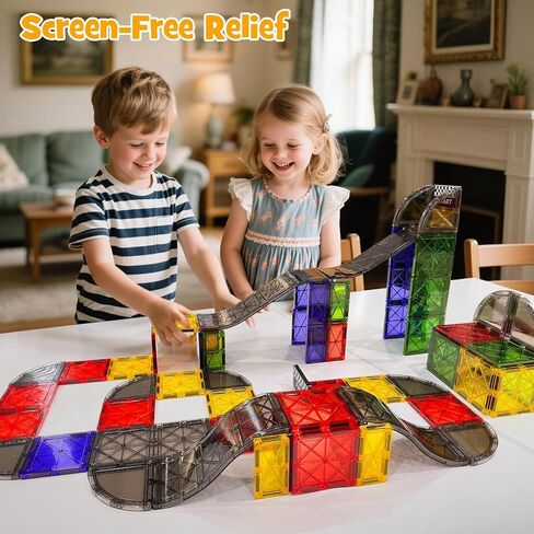 مجموعة بلاط مغناطيسي 2 في 1 للانحدار والطرق - 40 قطعة من مكعبات البناء المغناطيسية مع السيارة، ألعاب مونتيسوري لمرحلة ما قبل المدرسة للأولاد والبنات بعمر 3 سنوات فما فوق، ألعاب حسية مثالية للأطفال الصغار in Kuwait