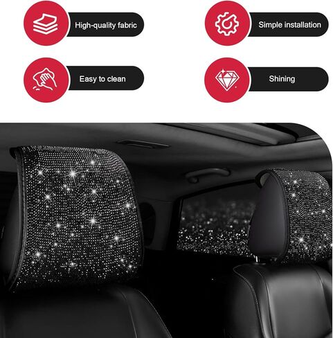 2 PCS Bling Car Headrest Covers, Sparkling Full Rhinestone Car Seat Head Rest Cover, Breathable Soft Headrest Protector, Bling Auto Interior Accessories, Universal for Most Cars (Black) in Saudi Arabia