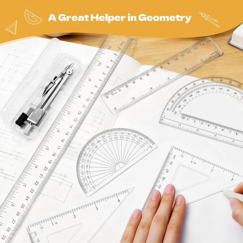 مجموعة هندسية - طقم هندسي مكون من 7 قطع مع مسطرة بلاستيكية شفافة مقاس 12 بوصة و6 بوصة، مسطرة مثلثة، مجموعة منقلة وبوصلة للمكتب المدرسي ورسم الرياضيات وصياغة فن الهندسة المعمارية in Kuwait