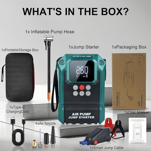 Jump Starter with Air Compressor,2000A 150PSI Car Jump Starter,21800mAh Battery Jump Starter Portable,12V Jump Box with Smart Jumper Cable LCD Display,Lights(Up All Gas/12.0L Diesel) in Saudi Arabia