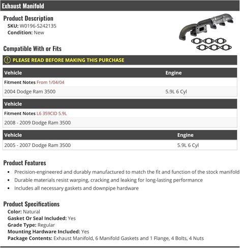 Exhaust Manifold - Compatible with 2004-2009 Dodge Ram 3500 5.9L 6-Cylinder Diesel (From 1/04/2004) in Saudi Arabia