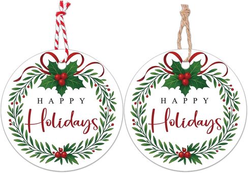 jijAcraft Happy Holiday Tags - 100Pcs Christmas Gift Tags with String, 2.1Inch Round Wreath Holiday Paper Gift Tag for Xmas Party, Party Favors, DIY Crafts in Saudi Arabia