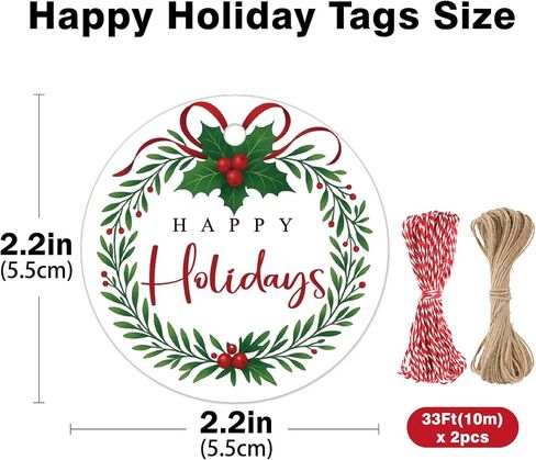 علامات jijAcraft Happy Holiday - 100 قطعة من علامات هدايا عيد الميلاد مع خيط، علامة هدايا ورقية على شكل إكليل مستدير مقاس 2.1 بوصة لحفلات عيد الميلاد، هدايا الحفلات، الحرف اليدوية اليدوية in Kuwait