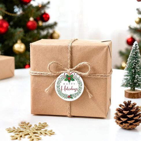 علامات jijAcraft Happy Holiday - 100 قطعة من علامات هدايا عيد الميلاد مع خيط، علامة هدايا ورقية على شكل إكليل مستدير مقاس 2.1 بوصة لحفلات عيد الميلاد، هدايا الحفلات، الحرف اليدوية اليدوية in Kuwait