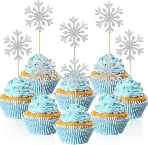 Snowflake Cupcake Toppers, 40Pcs Glitter Frozen Cupcake Toppers Silver Snowflake Cake Topper Picks for Winter Wonderland Frozen Theme Cake Decorations in Saudi Arabia