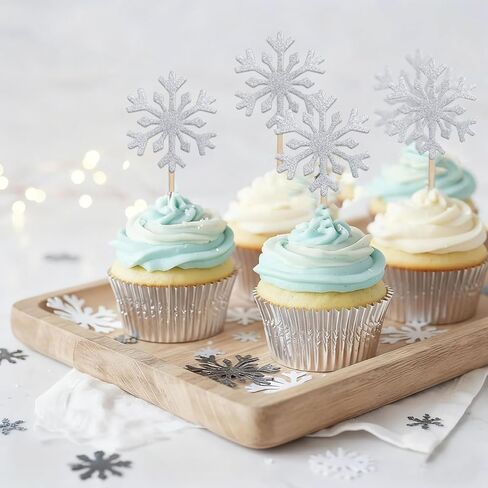 Snowflake Cupcake Toppers, 40Pcs Glitter Frozen Cupcake Toppers Silver Snowflake Cake Topper Picks for Winter Wonderland Frozen Theme Cake Decorations in Saudi Arabia