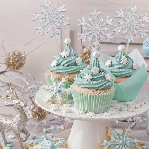 Snowflake Cupcake Toppers, 40Pcs Glitter Frozen Cupcake Toppers Silver Snowflake Cake Topper Picks for Winter Wonderland Frozen Theme Cake Decorations in Saudi Arabia