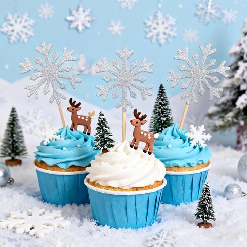 Snowflake Cupcake Toppers, 40Pcs Glitter Frozen Cupcake Toppers Silver Snowflake Cake Topper Picks for Winter Wonderland Frozen Theme Cake Decorations in Saudi Arabia