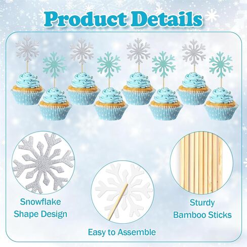 Snowflake Cupcake Toppers, 40Pcs Glitter Frozen Cupcake Toppers Silver Snowflake Cake Topper Picks for Winter Wonderland Frozen Theme Cake Decorations in Saudi Arabia