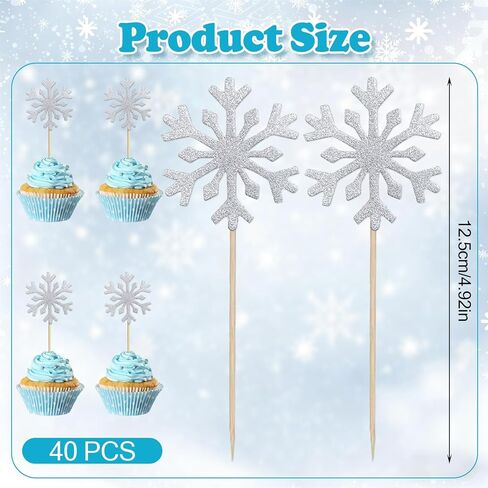 Snowflake Cupcake Toppers, 40Pcs Glitter Frozen Cupcake Toppers Silver Snowflake Cake Topper Picks for Winter Wonderland Frozen Theme Cake Decorations in Saudi Arabia