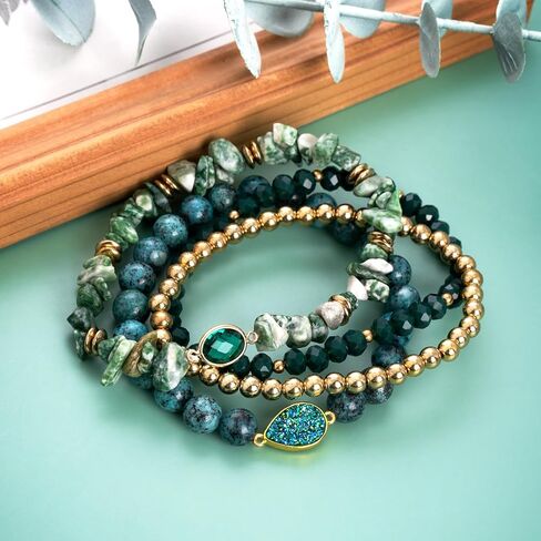 Bohemian Natural Stone Beaded Bracelets for Women Girls Stackable Stretch Beads Bracelet Set with Charm and Tassel Multilayered Elastic Gemstone Bracelets Summer Beach Boho Jewelry Gift for Women Men in Kuwait