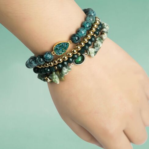 Bohemian Natural Stone Beaded Bracelets for Women Girls Stackable Stretch Beads Bracelet Set with Charm and Tassel Multilayered Elastic Gemstone Bracelets Summer Beach Boho Jewelry Gift for Women Men in Kuwait