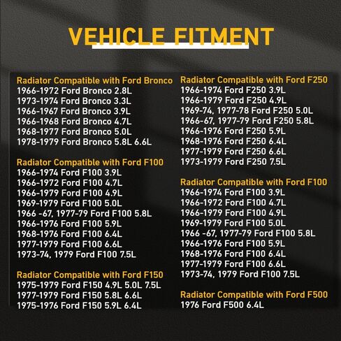 مشعاع ألومنيوم CU433 لـ 1966-1979 Ford F100 F150 F250 F350 Bronco Truck Pickup 4.7L 5.0L 5.8L 7.5L I6 V8، مشعاع F100، مشعاع F150، مشعاع تبريد أساسي مكون من 3 صفوف in Saudi Arabia