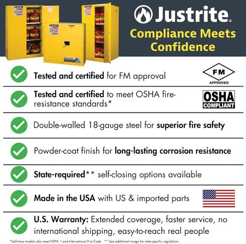 Justrite 891220 Sure-Grip EX 12 جالون، 35 بوصة ارتفاع × 23-1/4 بوصة عرض × 18 بوصة عمق، 1 باب، 1 رف، خزانة تخزين قابلة للاشتعال مدمجة باللون الأصفر ذاتية الإغلاق in Kuwait