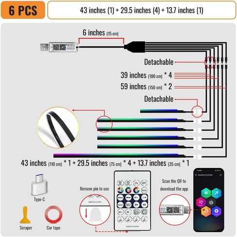 مصابيح LED داخلية للسيارة من الأكريليك، مجموعة إضاءة محيطة RGB عالمية للسيارة، 175 بوصة من الألياف الضوئية المرنة من النيون وأضواء مزامنة الموسيقى، 10 في 1 USB Power Dash Footwell DIY Mode in Kuwait
