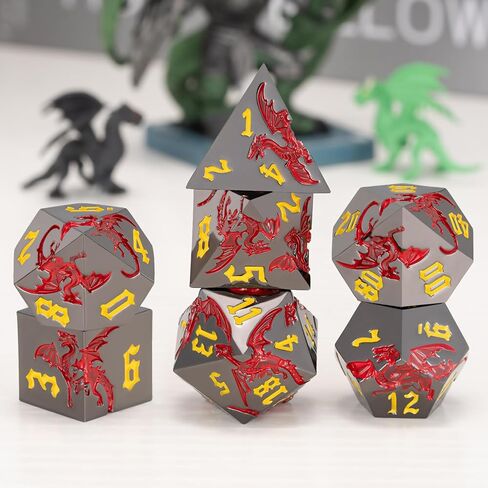 مجموعة نرد التنين المعدنية DND، نرد متعدد السطوح D&D مع تنين للأبراج المحصنة والتنينات RPG TTRPG D وD مجموعة 7 قوالب مع علبة هدية in Kuwait