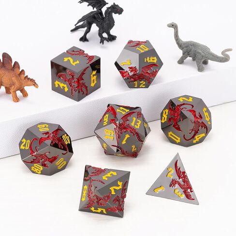 مجموعة نرد التنين المعدنية DND، نرد متعدد السطوح D&D مع تنين للأبراج المحصنة والتنينات RPG TTRPG D وD مجموعة 7 قوالب مع علبة هدية in Kuwait