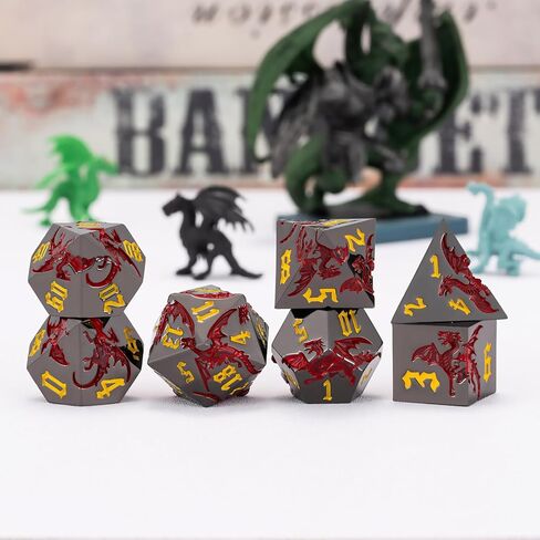 مجموعة نرد التنين المعدنية DND، نرد متعدد السطوح D&D مع تنين للأبراج المحصنة والتنينات RPG TTRPG D وD مجموعة 7 قوالب مع علبة هدية in Kuwait