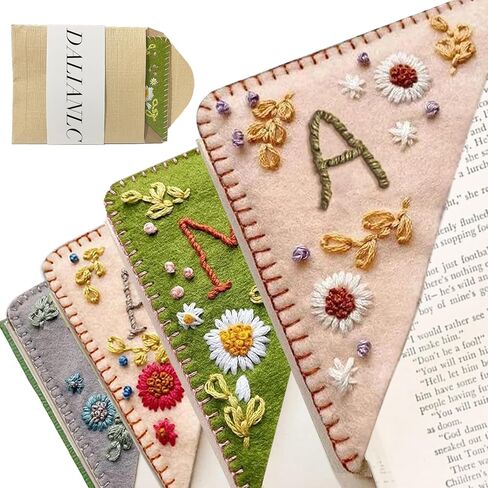 Dalianlc 26 Letters Personalized Hand Embroidered Corner Bookmark Cute Flower Embroidery Corner Book Marker Handmade Stitched Felt Triangle Corner for Book Reading Lovers Gift (K, Summer) in Saudi Arabia
