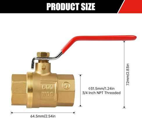 BH Brass 1/2" Full Port Ball Valve with Red Vinyl Handle, NPT Female x Female Thread,150 PSI WSP/600 WOG (1/2"),1 pack in Kuwait