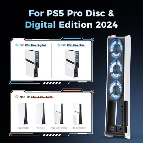 مروحة تبريد QYCHHJ لجهاز PS5 Slim Digital & Disc، تشغيل/إيقاف/قابل للتعديل تلقائيًا عن طريق استشعار درجات الحرارة، سرعة بمستويين لمروحة تبريد PS5 Slim USB 3.0 HUB لملحقات محطة التبريد PS5 Slim in Saudi Arabia