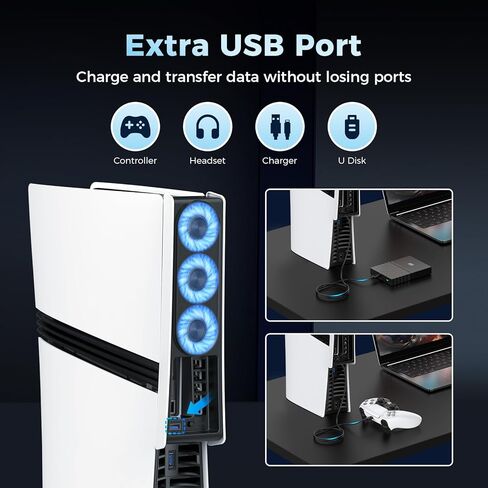 مروحة تبريد QYCHHJ لجهاز PS5 Slim Digital & Disc، تشغيل/إيقاف/قابل للتعديل تلقائيًا عن طريق استشعار درجات الحرارة، سرعة بمستويين لمروحة تبريد PS5 Slim USB 3.0 HUB لملحقات محطة التبريد PS5 Slim in Saudi Arabia
