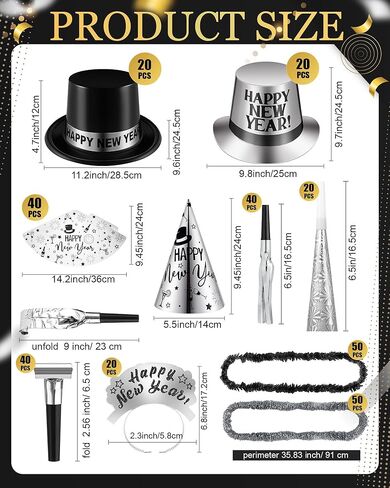 Cuffbow 300 Pcs 2026 New Years Eve Party Supplies Include Happy New Year Cone Hat Headband Tiara Metallic Fringed Party Blowers Noise Makers Horns Leis Hair Hoop Favors Decorations(Black Gold) in Saudi Arabia