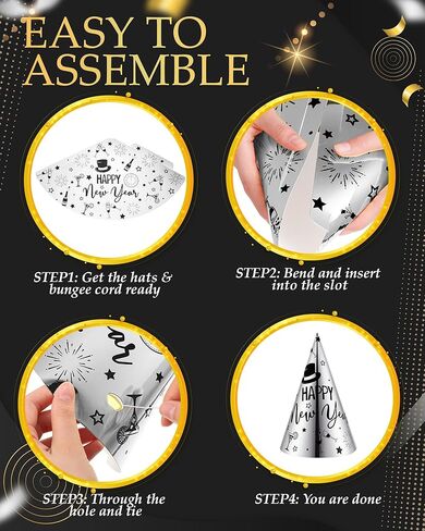 Cuffbow 300 Pcs 2026 New Years Eve Party Supplies Include Happy New Year Cone Hat Headband Tiara Metallic Fringed Party Blowers Noise Makers Horns Leis Hair Hoop Favors Decorations(Black Gold) in Saudi Arabia