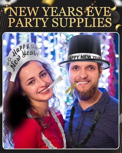 Cuffbow 300 Pcs 2026 New Years Eve Party Supplies Include Happy New Year Cone Hat Headband Tiara Metallic Fringed Party Blowers Noise Makers Horns Leis Hair Hoop Favors Decorations(Black Gold) in Saudi Arabia