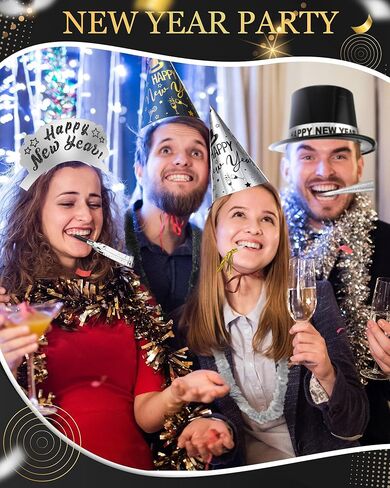 Cuffbow 300 Pcs 2026 New Years Eve Party Supplies Include Happy New Year Cone Hat Headband Tiara Metallic Fringed Party Blowers Noise Makers Horns Leis Hair Hoop Favors Decorations(Black Gold) in Saudi Arabia