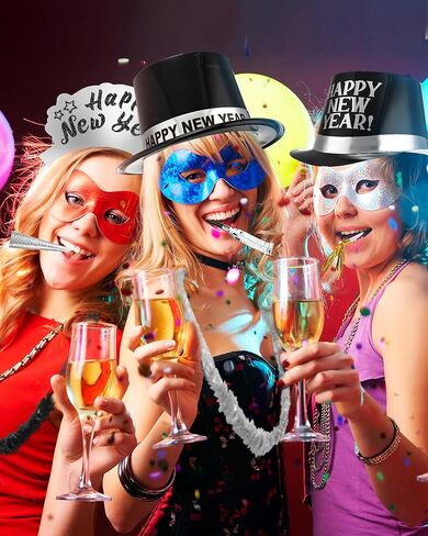 Cuffbow 300 Pcs 2026 New Years Eve Party Supplies Include Happy New Year Cone Hat Headband Tiara Metallic Fringed Party Blowers Noise Makers Horns Leis Hair Hoop Favors Decorations(Black Gold) in Saudi Arabia