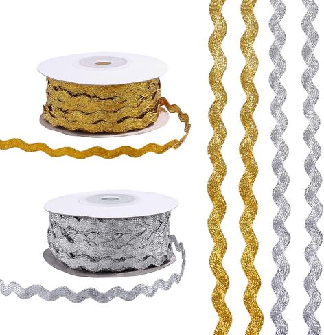 GLOBLELAND 54 Yards 2 Styles Gold and Silver Wave Bending Fringe Trims for Sewing Clothes Decoration Colorful Lace Trim Ribbon Christmas Curved Braid Ribbon Trim for Wedding Dress Gift Home Party in Saudi Arabia