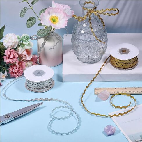 GLOBLELAND 54 Yards 2 Styles Gold and Silver Wave Bending Fringe Trims for Sewing Clothes Decoration Colorful Lace Trim Ribbon Christmas Curved Braid Ribbon Trim for Wedding Dress Gift Home Party in Saudi Arabia