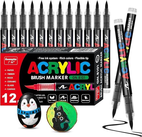 12 PCS Black Acrylic Paint Markers,Soft Brush Tip Acrylic Paint Markers,Quick-Drying Waterproof Acrylic Markers for Canvas,Rock Painting,Wood, Stone,Glass,Ceramic,Fabric Painting in Saudi Arabia