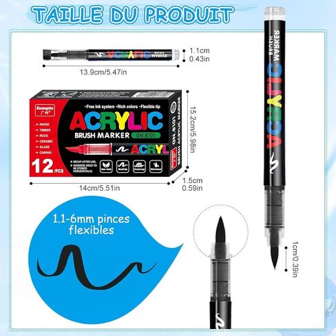12 PCS Black Acrylic Paint Markers,Soft Brush Tip Acrylic Paint Markers,Quick-Drying Waterproof Acrylic Markers for Canvas,Rock Painting,Wood, Stone,Glass,Ceramic,Fabric Painting in Saudi Arabia