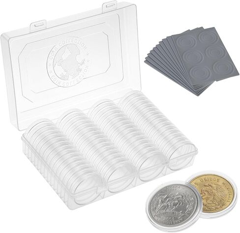 QWORK Coin Holder Set, 60 Pcs 1.61" Silver Dollar Capsules, Coin Capsules with Foam Gasket, Plastic Storage Case for Coin Collectors, 41mm in Kuwait