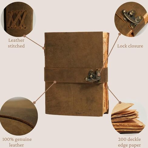 مجلة جلدية كلاسيكية للنساء والرجال - كتاب الظلال، مجلة جريمويري الساحرة مع قفل للإغلاق - 200 صفحة مصنوعة يدويًا من ورق ذو حافة عتيقة - دفتر ملاحظات من الجلد البني الريفي مقاس 7 × 5 in Kuwait