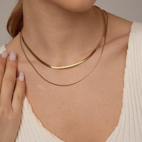 Mauzew 18K Gold Plated Snake Chain Herringbone Necklace Layered Choker Chain Necklaces for Women Dainty Dot Pendant Necklaces Waterproof Jewelry Christmas Gifts for Girls in Kuwait