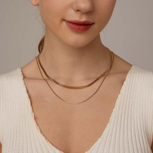 Mauzew 18K Gold Plated Snake Chain Herringbone Necklace Layered Choker Chain Necklaces for Women Dainty Dot Pendant Necklaces Waterproof Jewelry Christmas Gifts for Girls in Kuwait