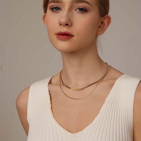 Mauzew 18K Gold Plated Snake Chain Herringbone Necklace Layered Choker Chain Necklaces for Women Dainty Dot Pendant Necklaces Waterproof Jewelry Christmas Gifts for Girls in Kuwait