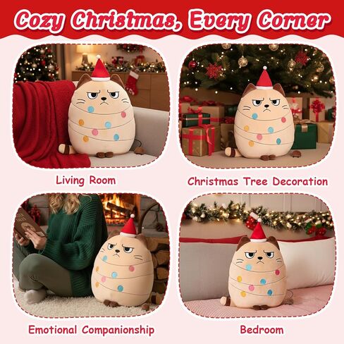 12 inch Christmas Cat Stuffed Animals Funny Xmas Plush Pillow Holiday Decoration Gifts for Cat Mom Lovers (Beige) in Saudi Arabia