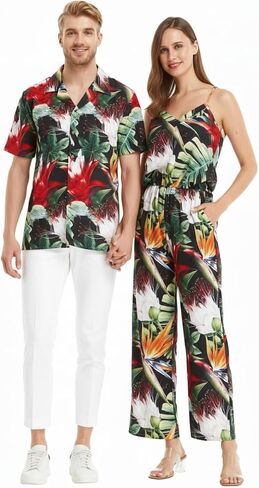 Matchable Couple Hawaiian Luau Shirt or V-Neck Jumpsuit with Pockets in Tropical Twilight in Saudi Arabia