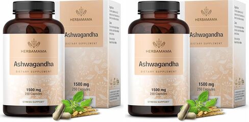 HERBAMAMA Ashwagandha Capsules - Stress Support, Deep Sleep, Focus & Natural Energy Supplements - Organic Withania Somnifera Root for Thyroid & Adrenal Support - 1500mg Non-GMO, Vegan 250 Caps in Kuwait