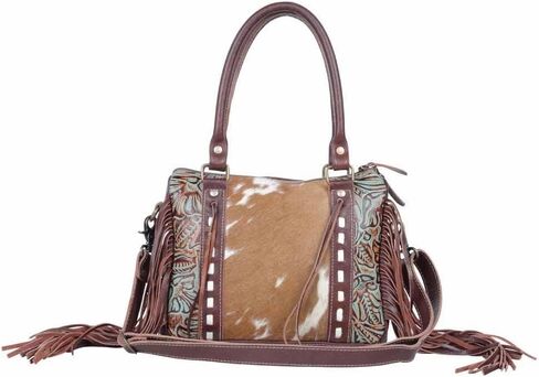 Myra Bag Maia Cowhide Purse - Western Style Purses for Women with Azure Embossed Leather and Brown & White Cowhide Design, Floral Tooled Accents and Fringes, Cow Hide Purse, Cowhide Purses for Women in Saudi Arabia