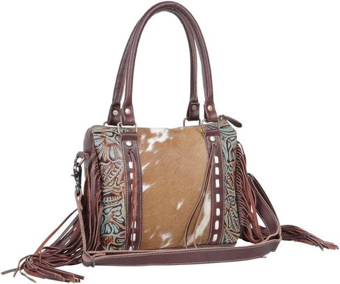 Myra Bag Maia Cowhide Purse - Western Style Purses for Women with Azure Embossed Leather and Brown & White Cowhide Design, Floral Tooled Accents and Fringes, Cow Hide Purse, Cowhide Purses for Women in Saudi Arabia