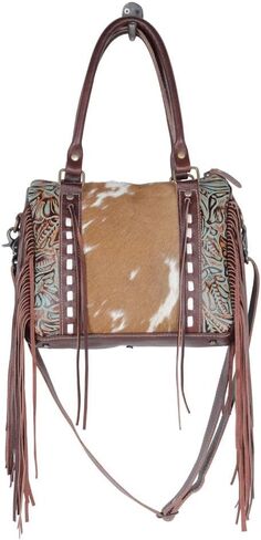 Myra Bag Maia Cowhide Purse - Western Style Purses for Women with Azure Embossed Leather and Brown & White Cowhide Design, Floral Tooled Accents and Fringes, Cow Hide Purse, Cowhide Purses for Women in Saudi Arabia