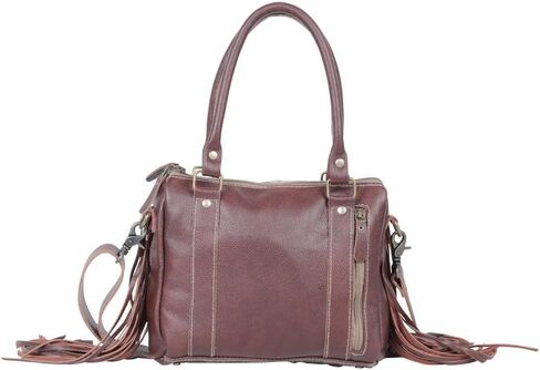 Myra Bag Maia Cowhide Purse - Western Style Purses for Women with Azure Embossed Leather and Brown & White Cowhide Design, Floral Tooled Accents and Fringes, Cow Hide Purse, Cowhide Purses for Women in Saudi Arabia