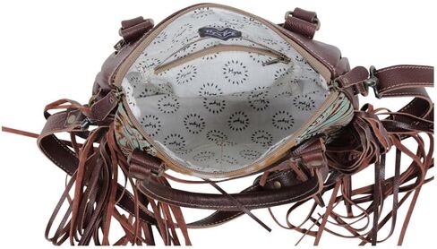 Myra Bag Maia Cowhide Purse - Western Style Purses for Women with Azure Embossed Leather and Brown & White Cowhide Design, Floral Tooled Accents and Fringes, Cow Hide Purse, Cowhide Purses for Women in Saudi Arabia