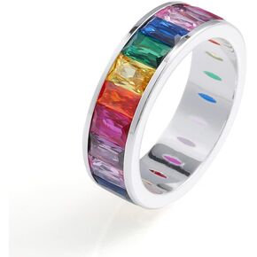 Eternity Rainbow Ring, Birthstone Ring, Baguette Ring, Wedding Ring, Thumb Ring with Emerald Cut Cubic Zirconia for Women and Men